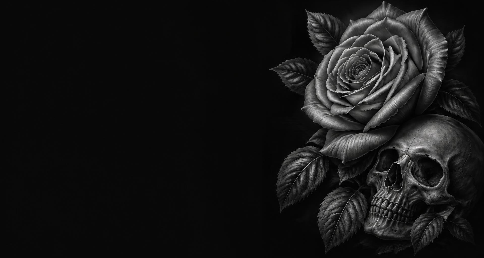 Black and grey tattoo artwork of a rose and sculptural skull